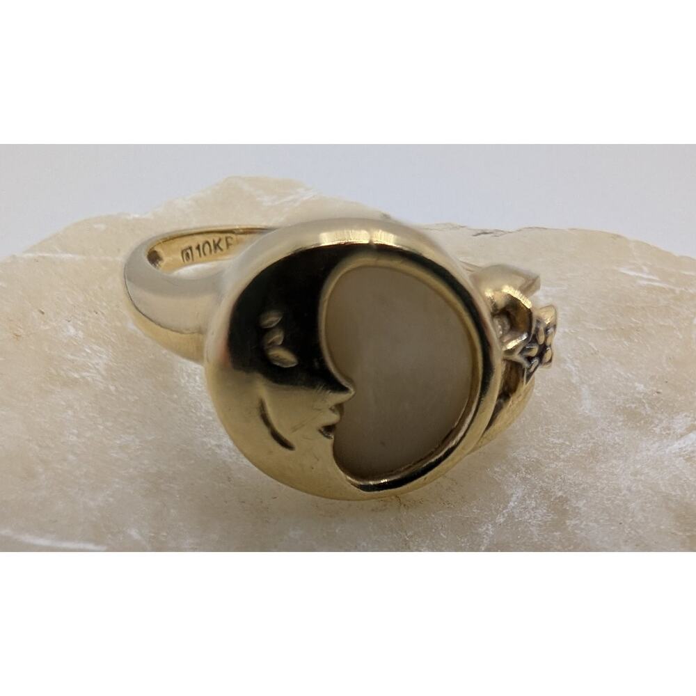 10K Gold Moon Face Ring Size 6.5 Handcrafted Mother of Pearl VTG